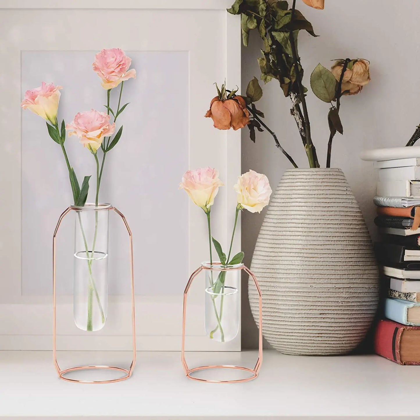 Glass Vase with Metal Frame 24Cm/9'' Transparent Cylinder Vase Planter Terrariums Flower Holder for Office Home Desk Shelf Decor