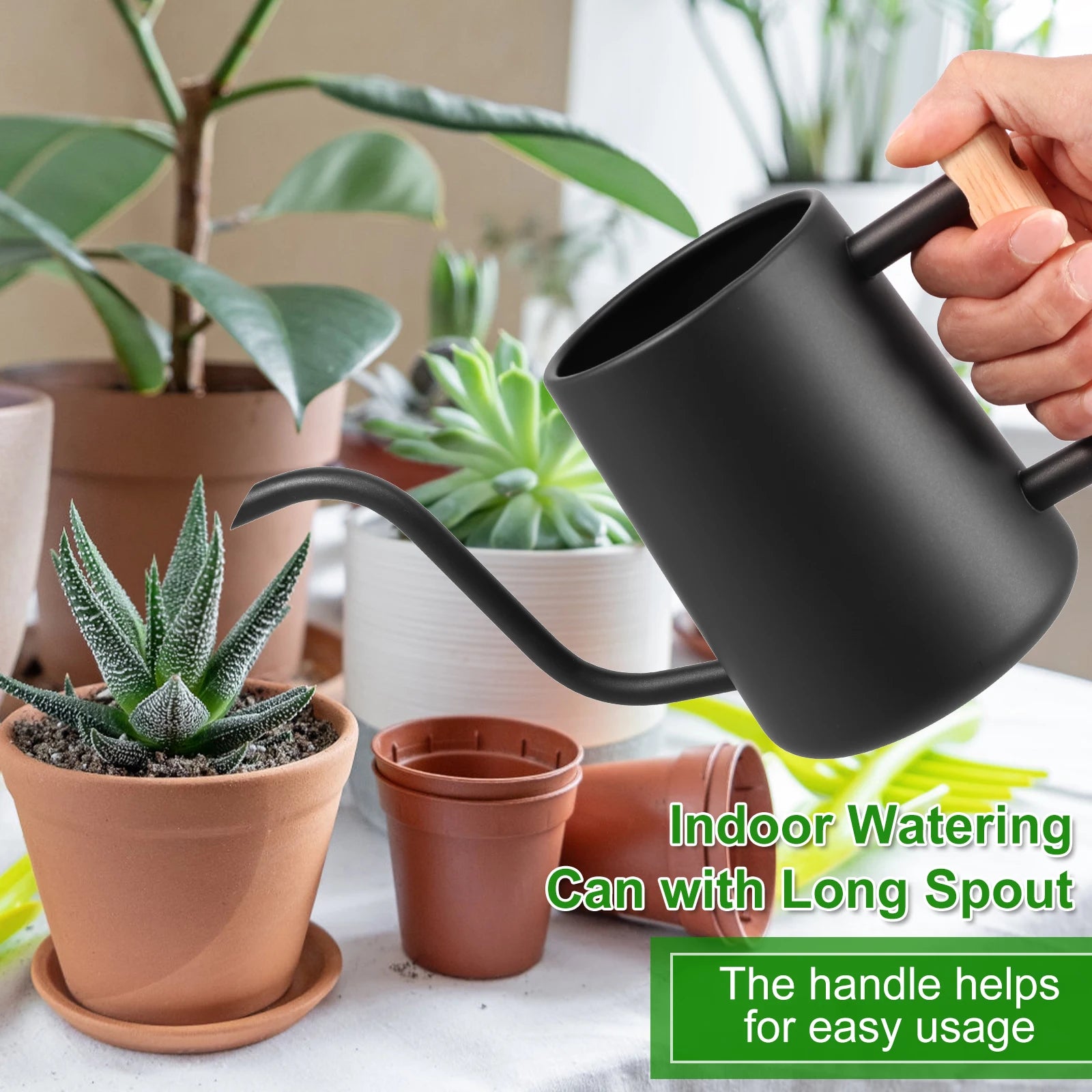 1L Small Watering Can Indoor Plants W/ Wooden Handle