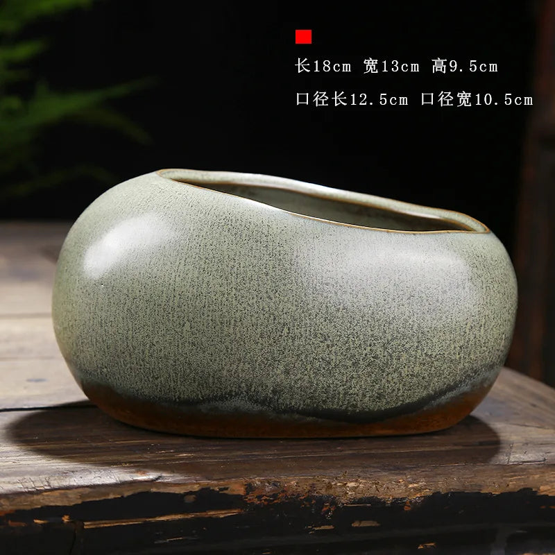 Retro Ceramic Flower Pot Creative Desktop Home Succulent Green Planted Bamboo Potted Utensils Chinese Pastoral