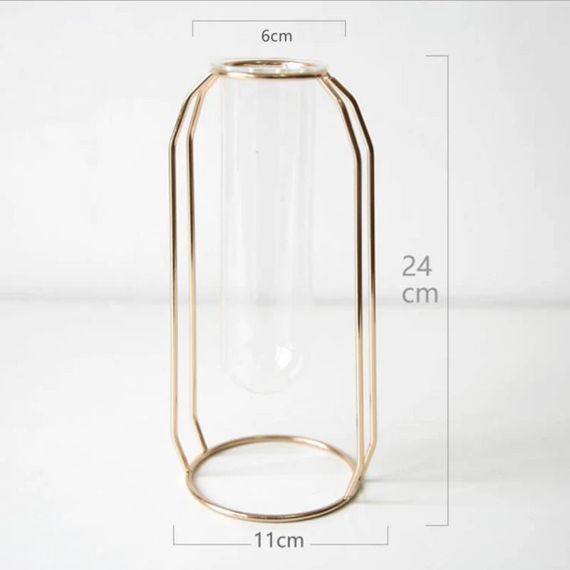 Glass Vase with Metal Frame 24Cm/9'' Transparent Cylinder Vase Planter Terrariums Flower Holder for Office Home Desk Shelf Decor